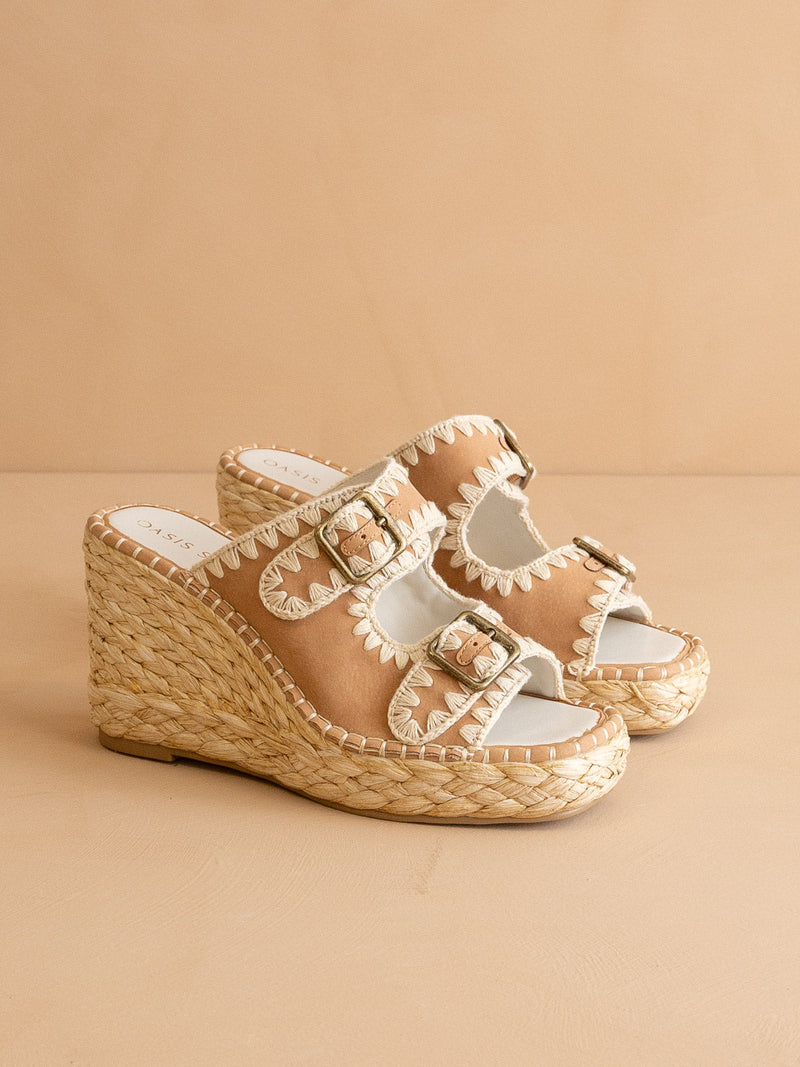 The Rae | Camel Embroidered Espadrille Wedges With Double Buckle Straps *FINAL SALE*