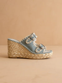 The Rae | Slate Blue Embroidered Espadrille Wedges With Double Buckle Straps *FINAL SALE*