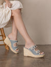 The Rae | Slate Blue Embroidered Espadrille Wedges With Double Buckle Straps *FINAL SALE*