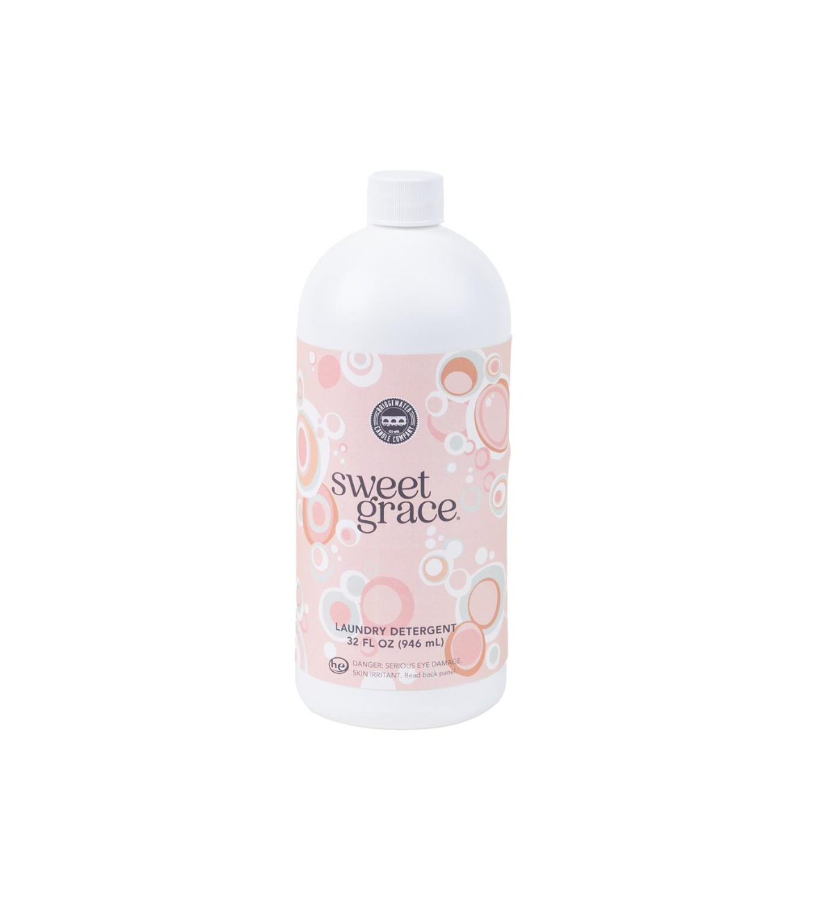 A bottle of 32oz Sweet Grace Laundry Detergent with a pink and white label, featuring bubbles and the scent name 'Sweet Grace' at the bottom.