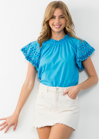 Blue Embroidered Flutter Sleeve Top