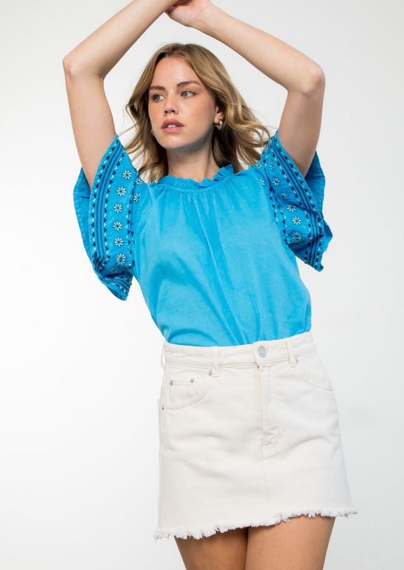 Blue Embroidered Flutter Sleeve Top