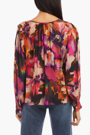 Print Pleated Tie Neck Blouse