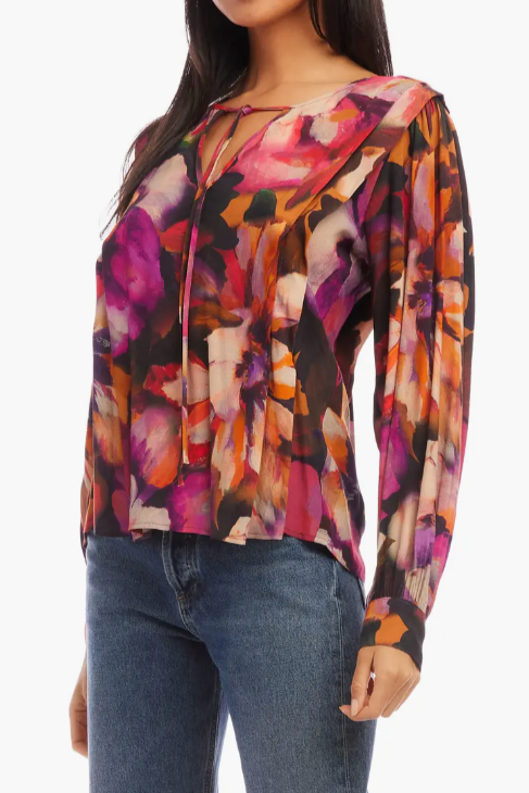 Print Pleated Tie Neck Blouse