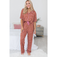 Brown Leopard Print Short Sleeve Shirt and Pants Pajamas Set