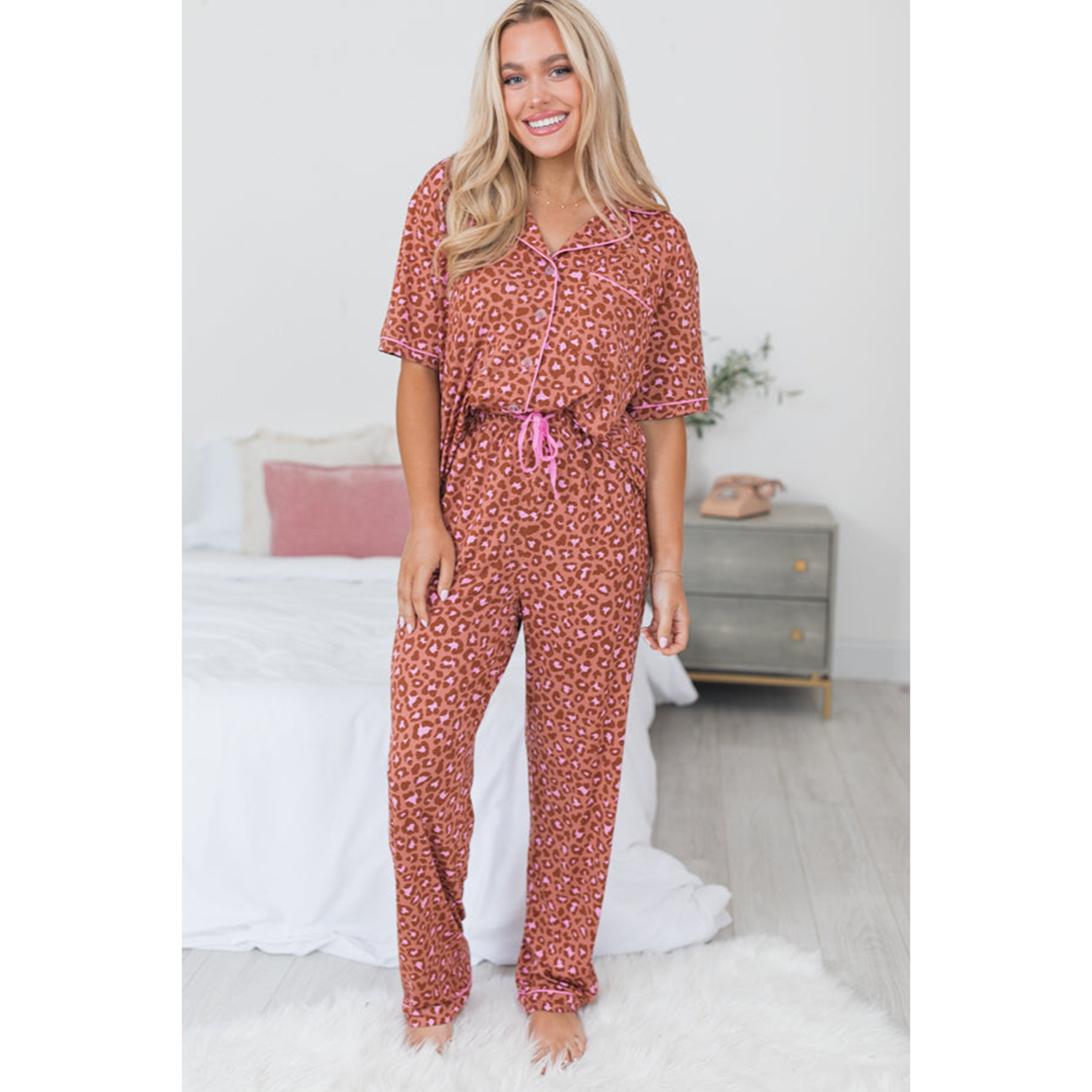 Brown Leopard Print Short Sleeve Shirt and Pants Pajamas Set