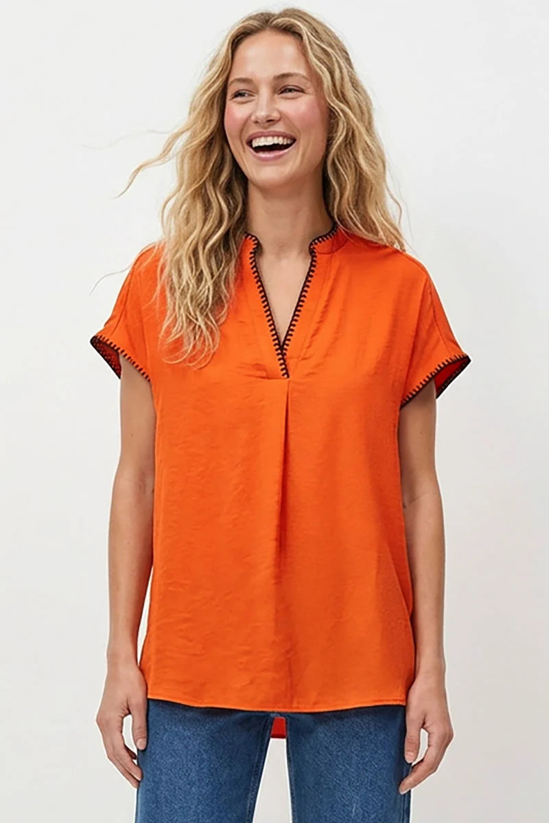 Willa Whipstitch Drop Shoulder Blouse - Orange