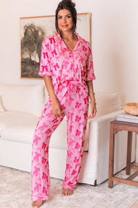 Fiona-Pink Bow Knot Print Lapel Collar Short Sleeve and Pants Pajamas Set