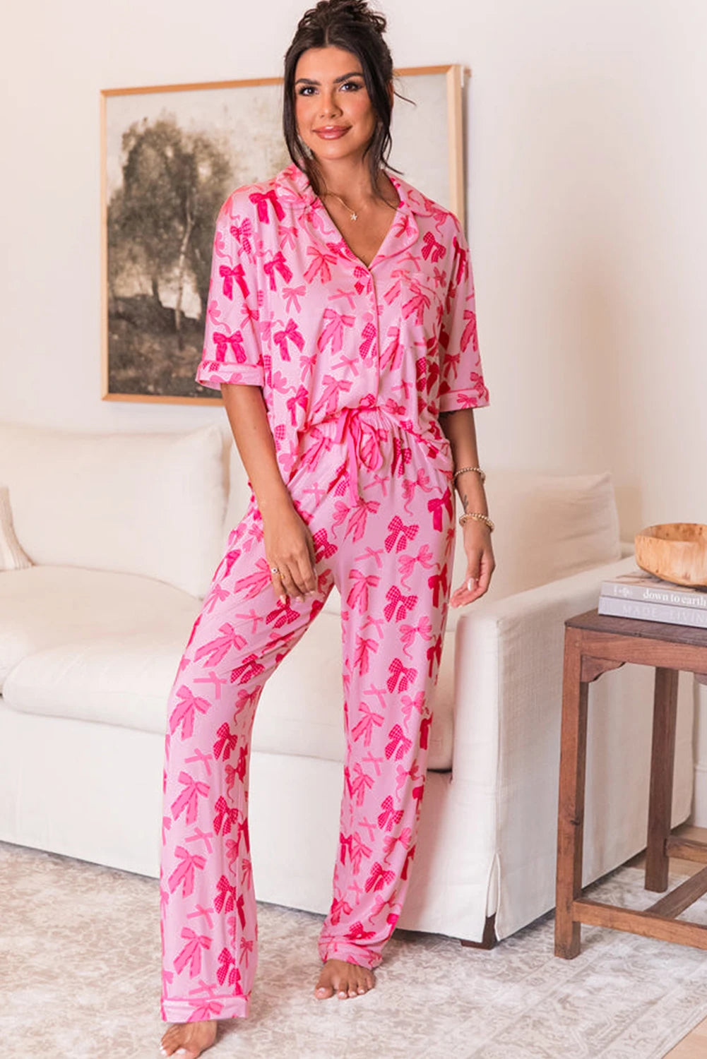 Fiona-Pink Bow Knot Print Lapel Collar Short Sleeve and Pants Pajamas Set