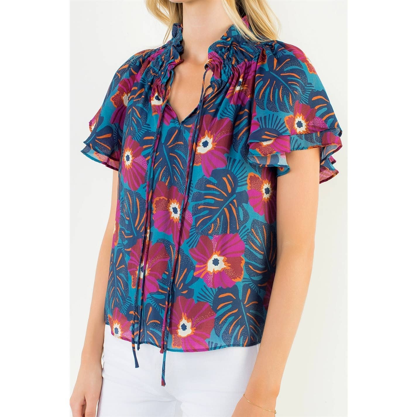 Sarah - Fluttered Floral Tie Front Top