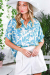 Olivia- Collared Short-Sleeve Floral Print Satin Blouse Top