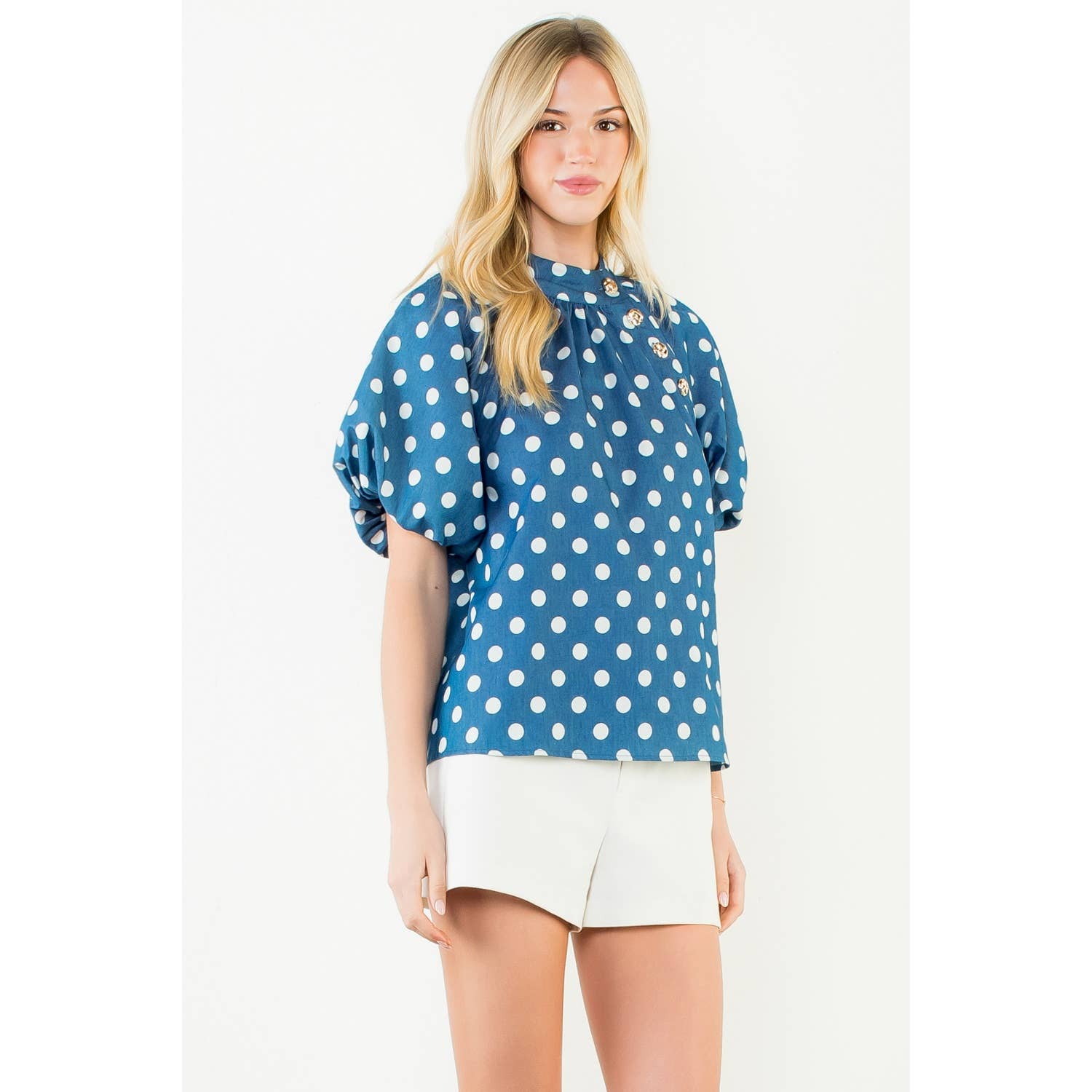 Marla- Puff Sleeve Polka Dot Mock Neck Top