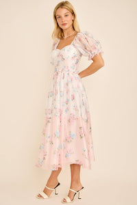 Cassy Floral print colorblock midi dress with puff short sleeves