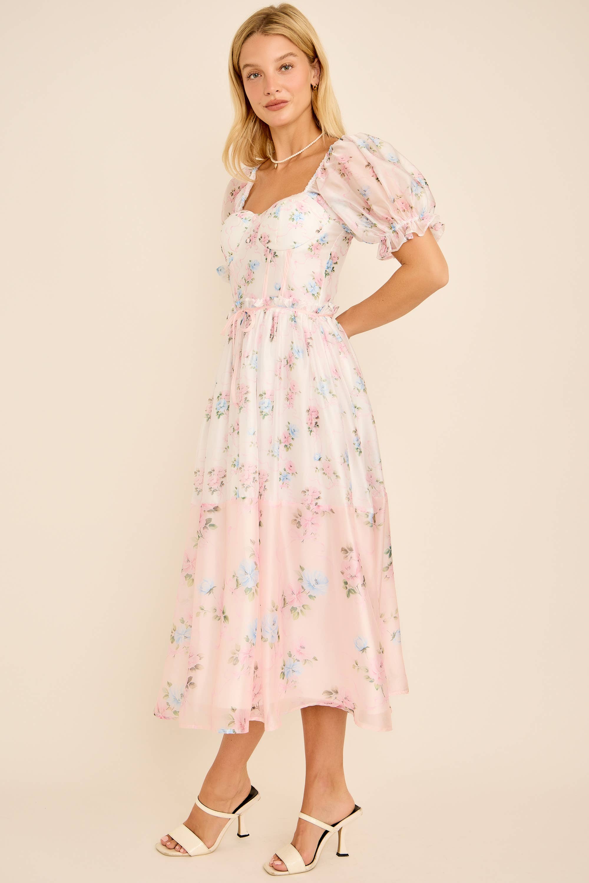 Cassy Floral print colorblock midi dress with puff short sleeves