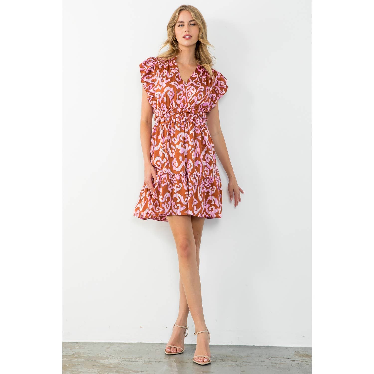 Monica-Flutter Sleeve Tiered Print Mini Dress