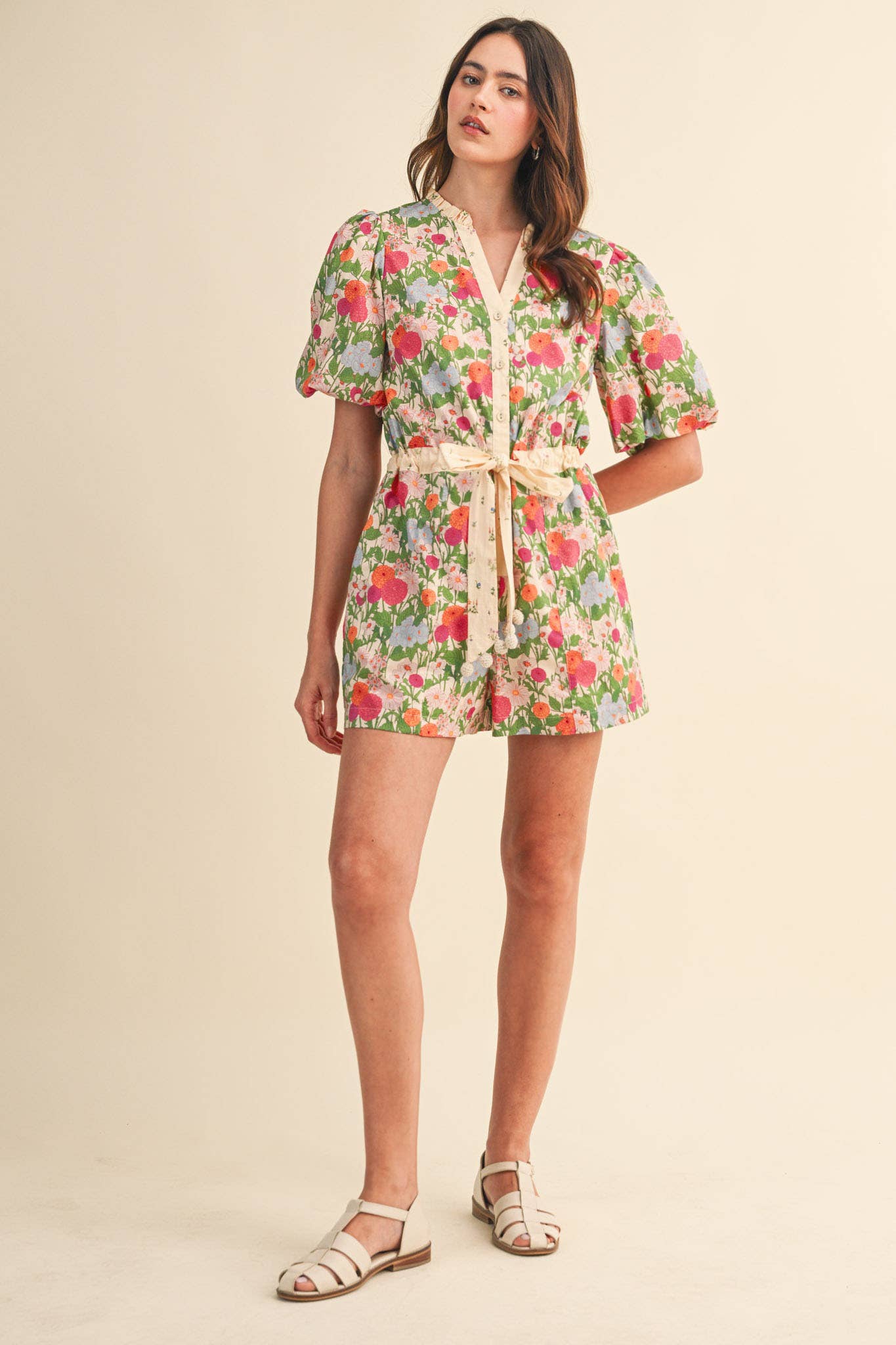 Brianna - Bubble Sleeve Floral Print Romper