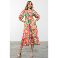 Massey - Puff Sleeve Floral Print Midi Dress