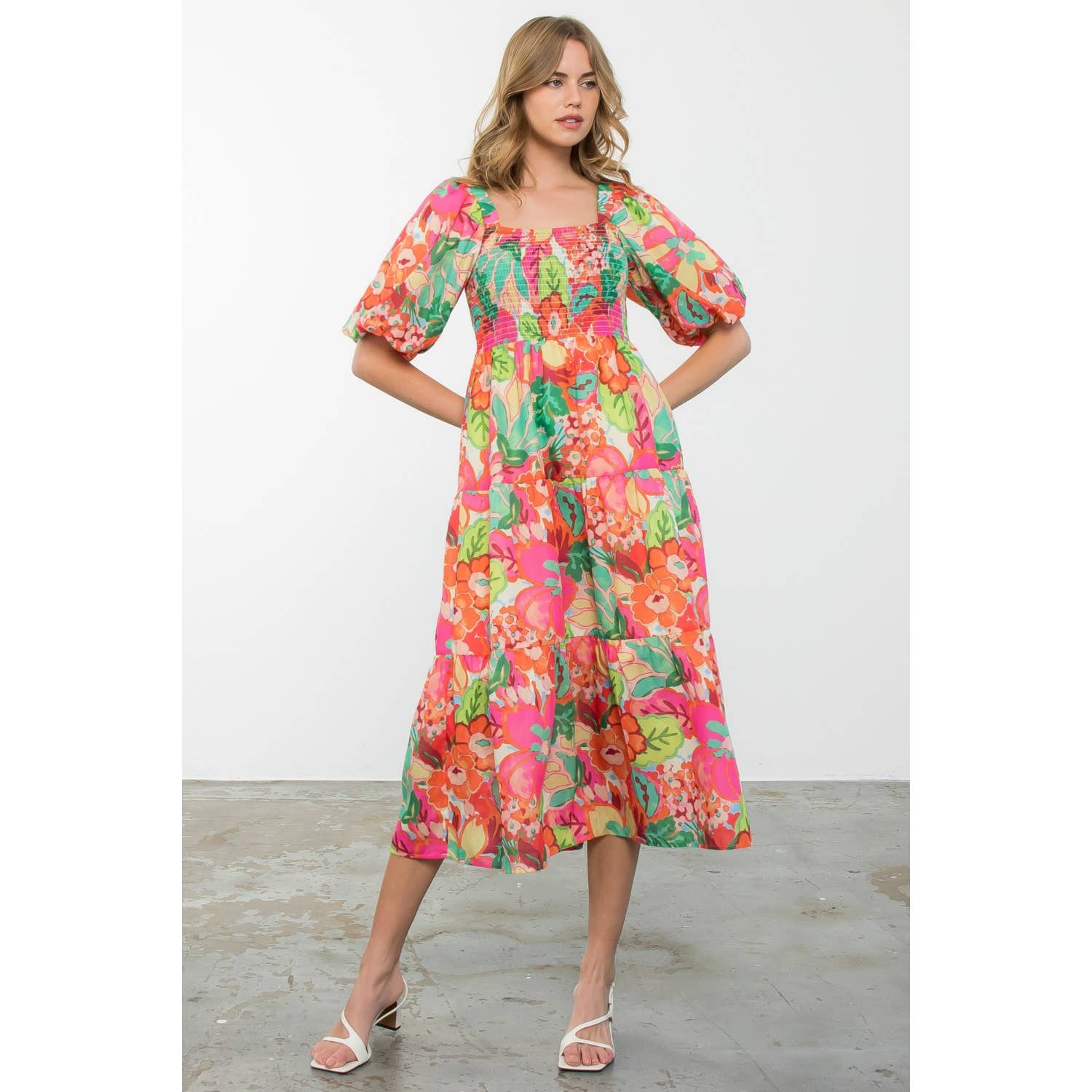 Massey - Puff Sleeve Floral Print Midi Dress