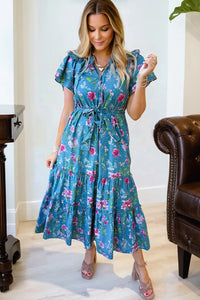 Hadley - Blue Floral Flutter Sleeve Button Tie Split Neck Belted Midi Dress
