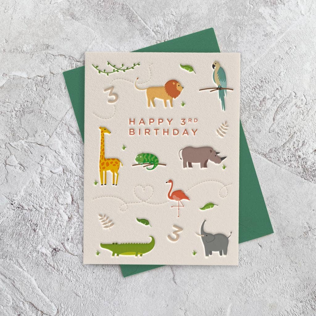 3rd Birthday Zoo Animals Letterpress Style Card