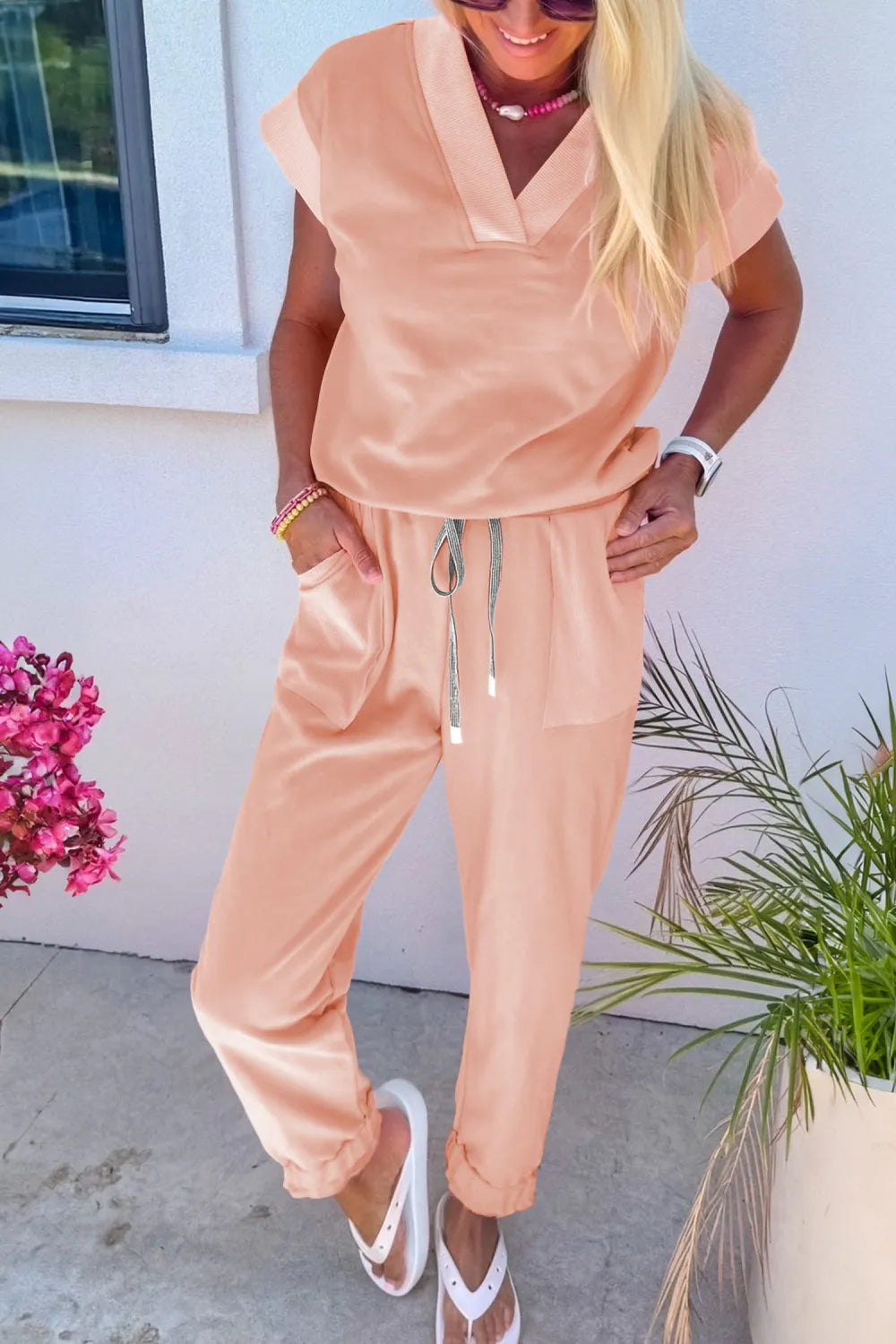 Lisa - V-Neck Tee & Drawstring Pants 2-Piece Loungewear Matching Set