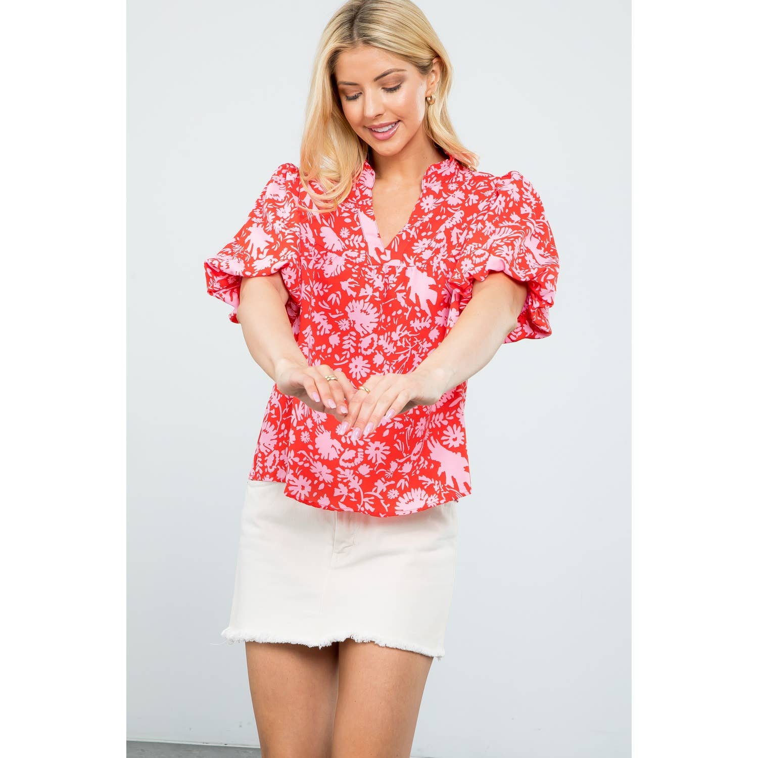 Angela - Puff Sleeve Flower Print Top
