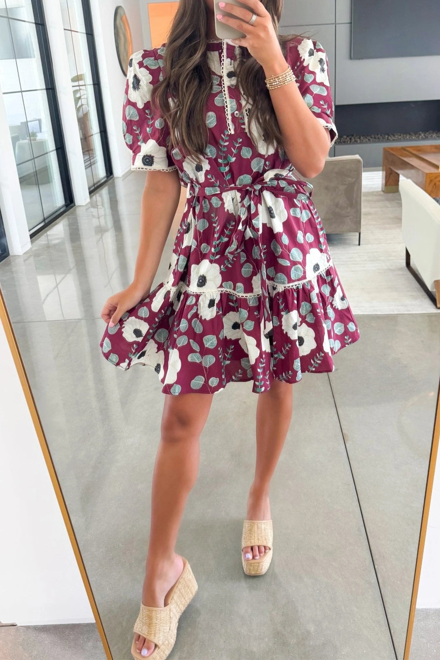 Ronan - Red Floral Print Trimmed Short Puff Sleeve Mini Dress with Tie
