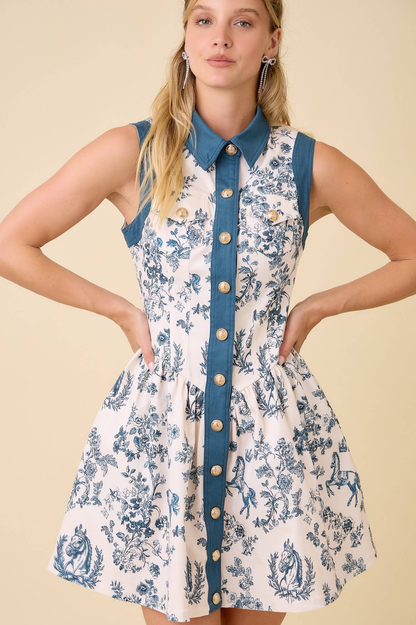 Teagan - Horse & Floral Print Button-Front Mini Dress