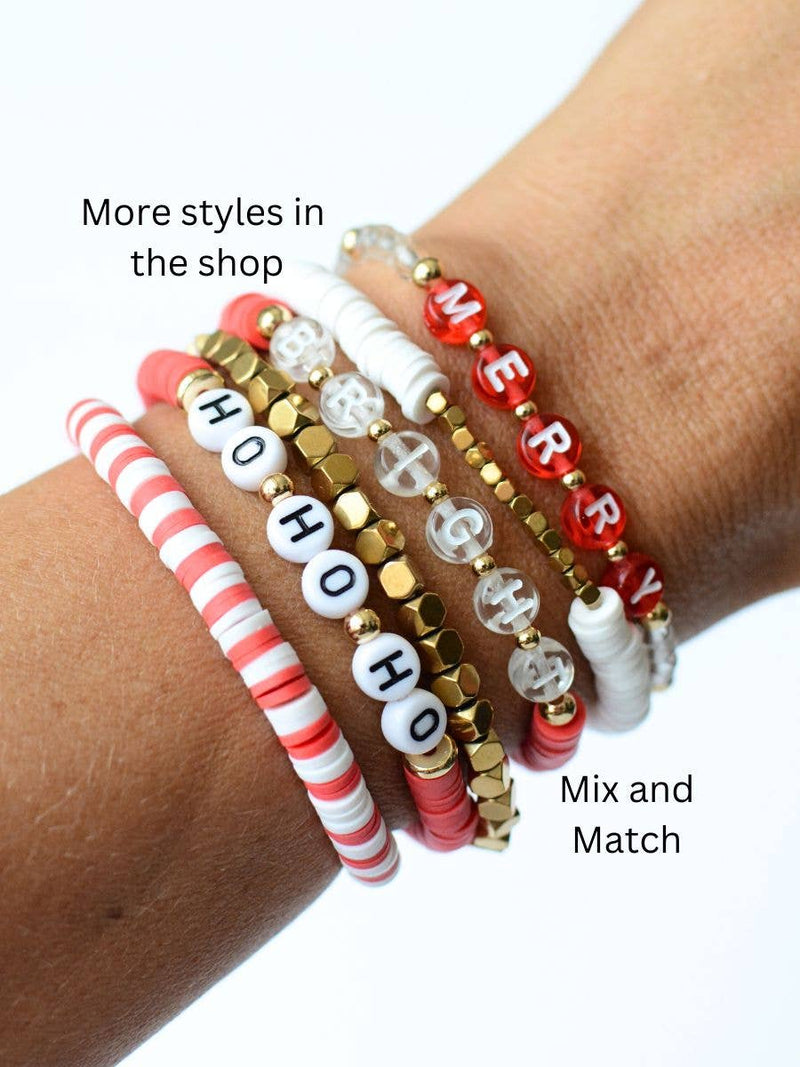 Merry and Bright Christmas Holiday Red & White bracelet set