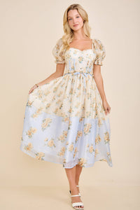 Cassy Floral print colorblock midi dress with puff short sleeves