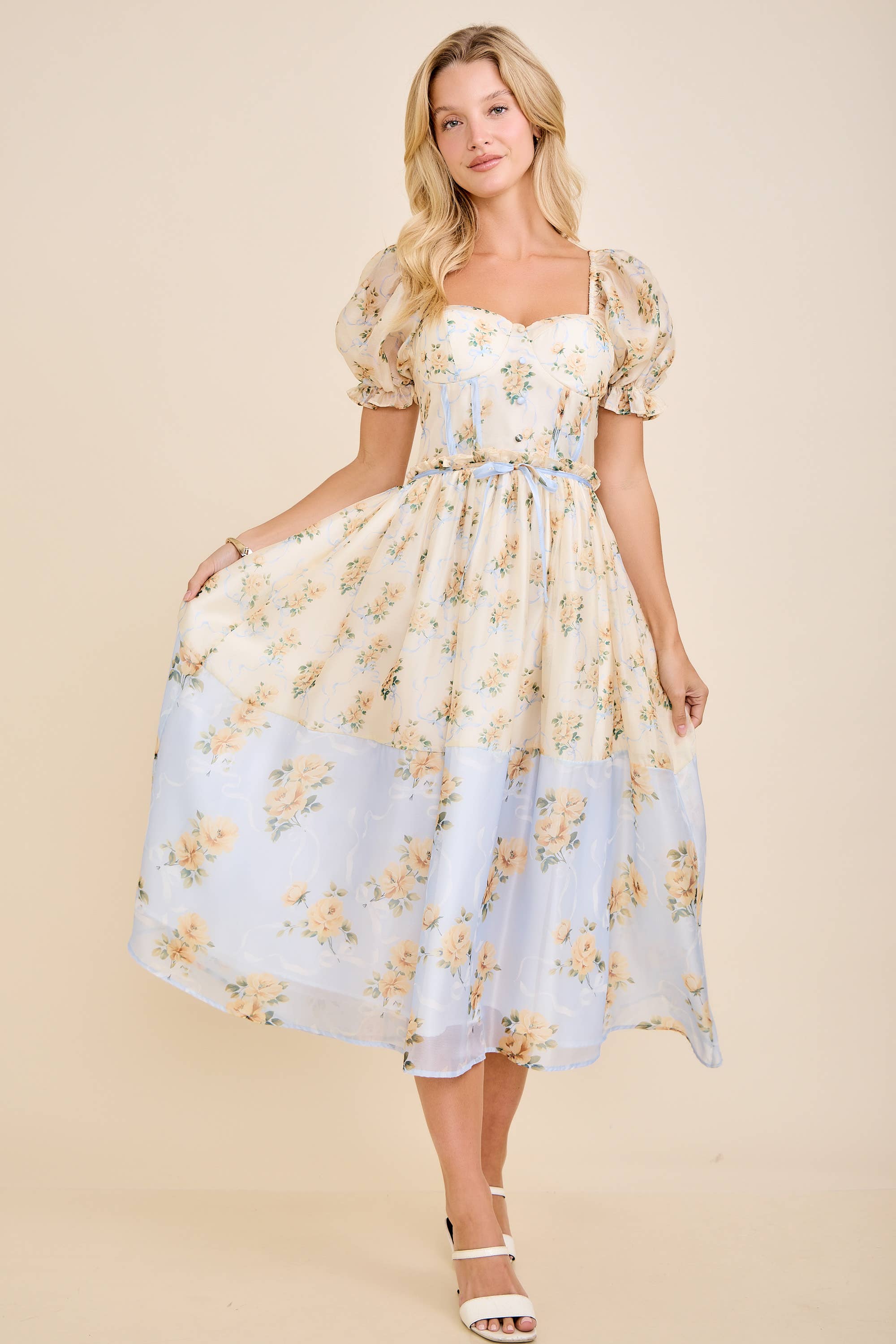 Cassy Floral print colorblock midi dress with puff short sleeves