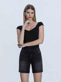 Loretta - HIGH RISE BLACK MIDI DENIM SHORTS