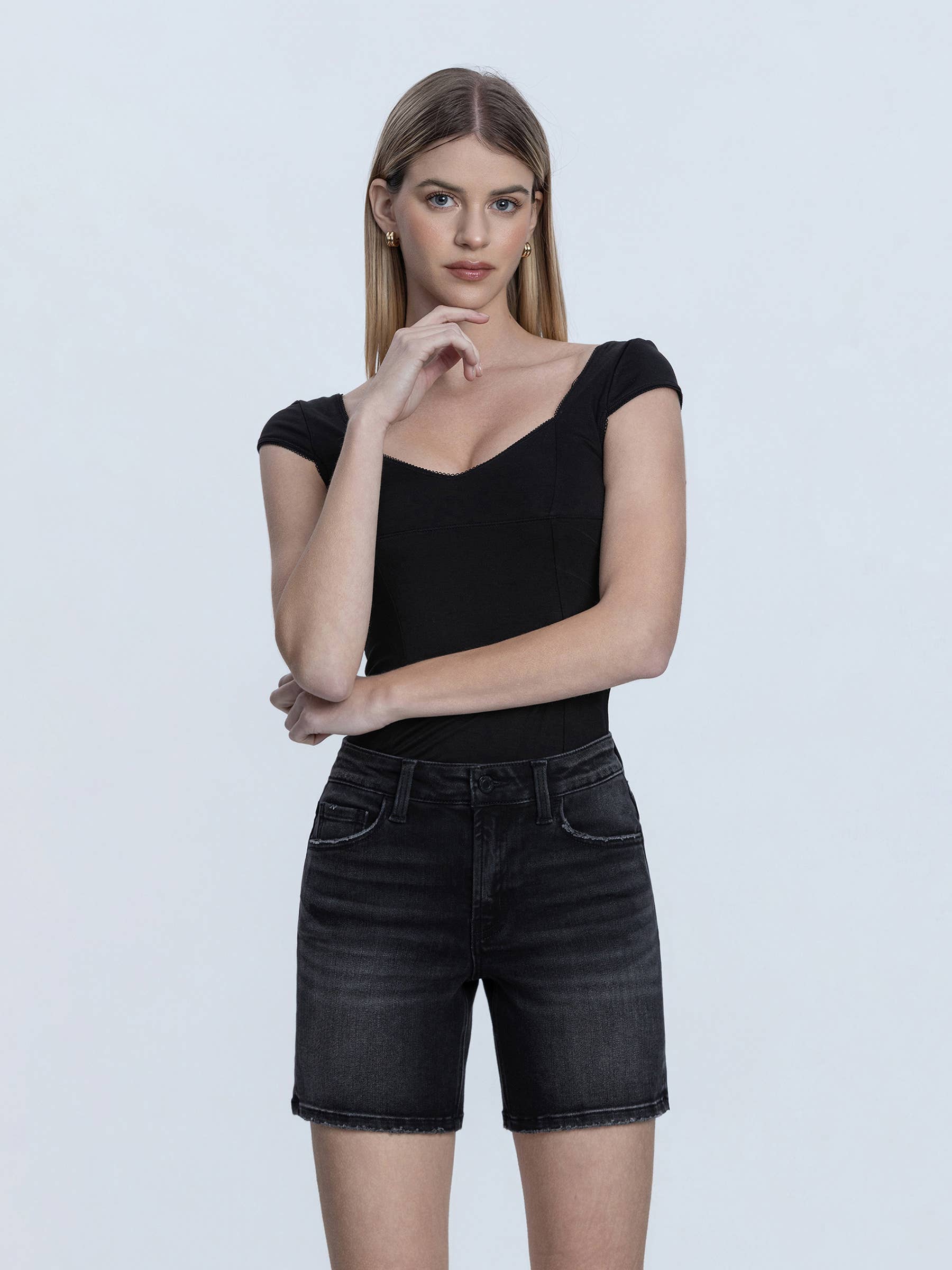 Loretta - HIGH RISE BLACK MIDI DENIM SHORTS