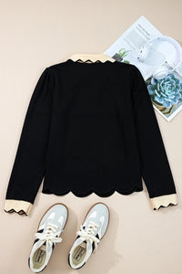 Black Collared Color Block Scallop Trim Long Sleeve Top