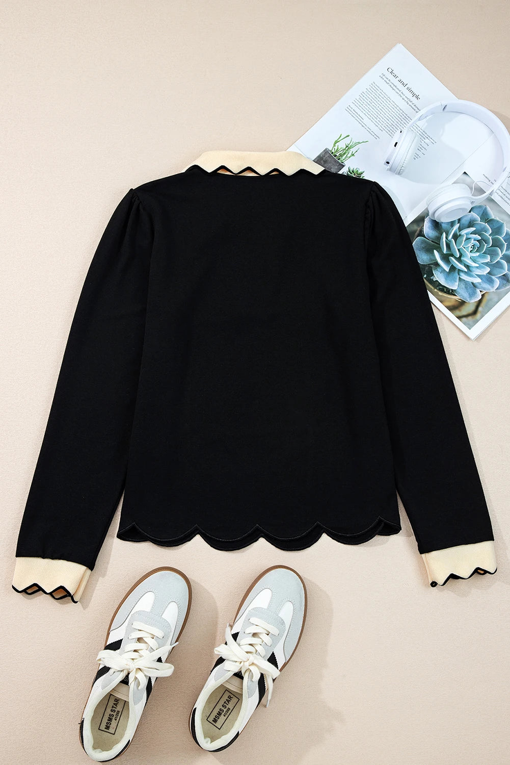 Black Collared Color Block Scallop Trim Long Sleeve Top