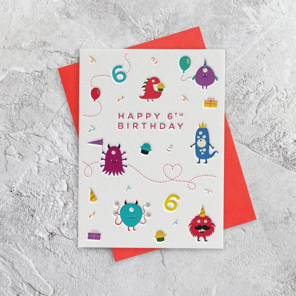 6th Birthday Monsters Letterpress Style Card