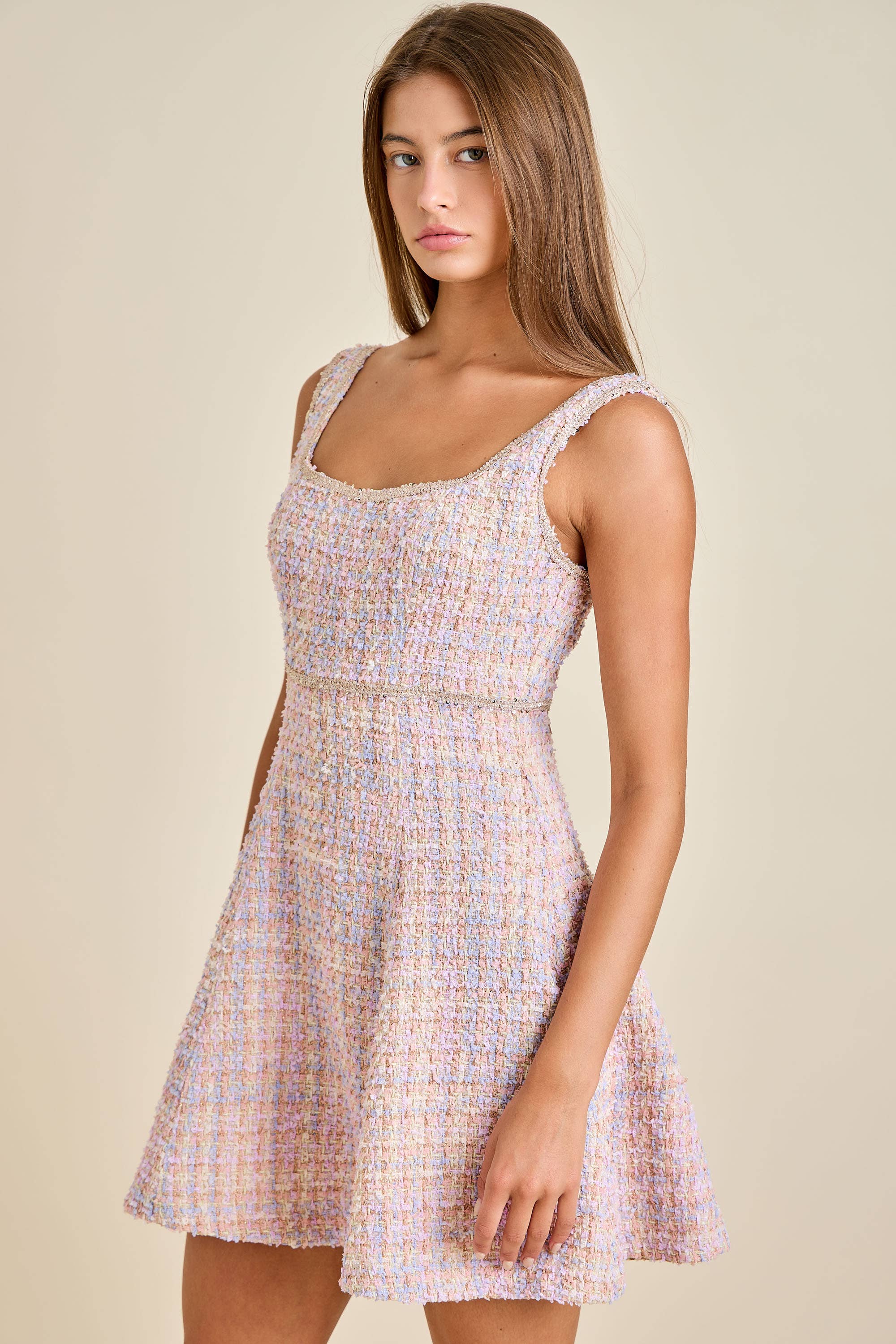 Sloane - Pastel Sequin Braid Detailed Round Neck Tweed Jacket & Mini Dress Set