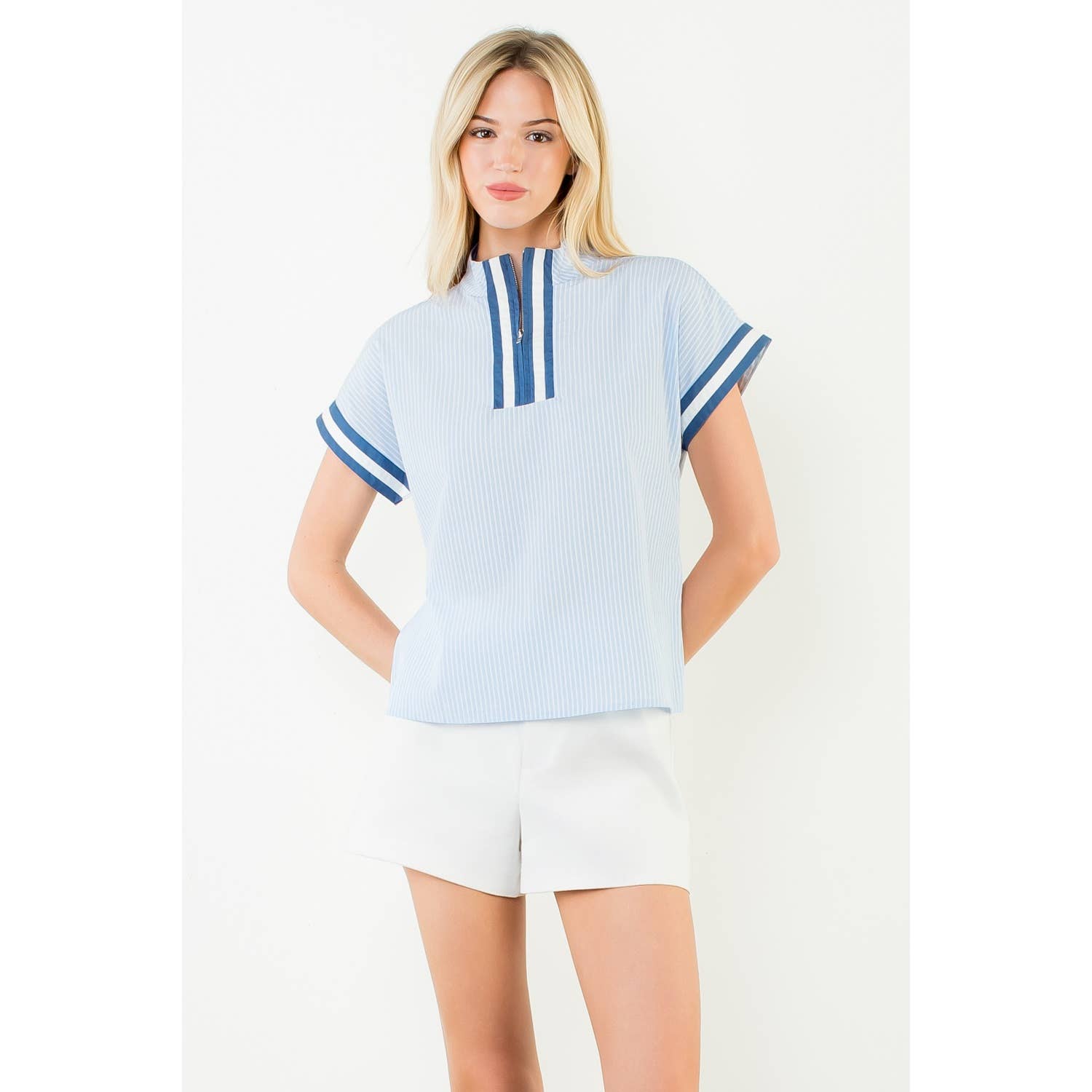 Ally-Short Sleeve Striped Half Zipper Top