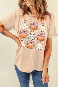 Khaki Ghost Pumpkin Tee – Bow Graphic Halloween T-Shirt, Women's Cozy Fall Short Sleeve Top