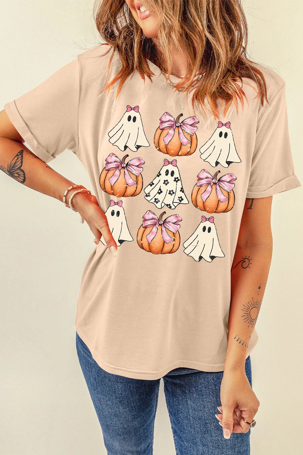 Khaki Ghost Pumpkin Tee – Bow Graphic Halloween T-Shirt, Women's Cozy Fall Short Sleeve Top