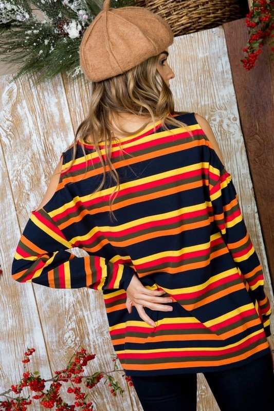 Sally - Multi Print Twist Front Cold Shoulder Knit Top