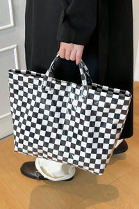 Black Plaid Glossy Waterproof Tote Bag - Large Shoulder Tote for Work, Travel & Everyday