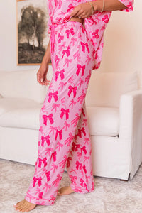 Fiona-Pink Bow Knot Print Lapel Collar Short Sleeve and Pants Pajamas Set