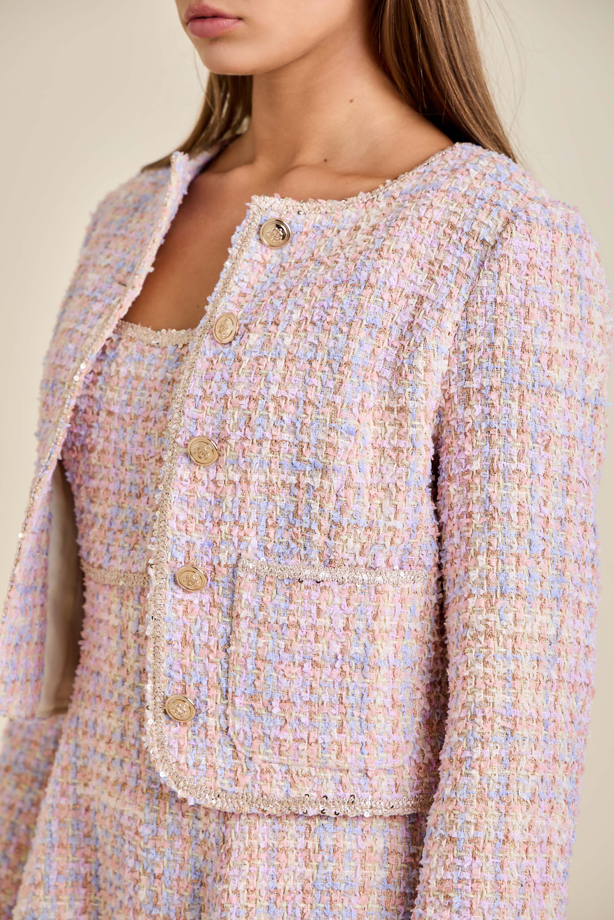 Sloane - Pastel Sequin Braid Detailed Round Neck Tweed Jacket & Mini Dress Set