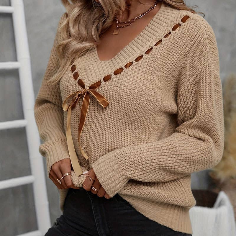 V-Neck Bow Lace-up Sweater