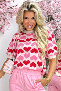 Rosie -Pink 2-Tone Heart Print Valentine Crew Neck Short Sleeve Sweater