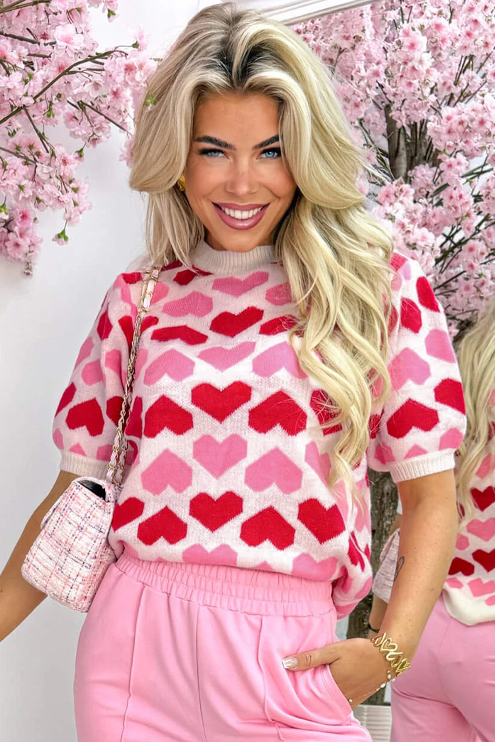 Rosie -Pink 2-Tone Heart Print Valentine Crew Neck Short Sleeve Sweater