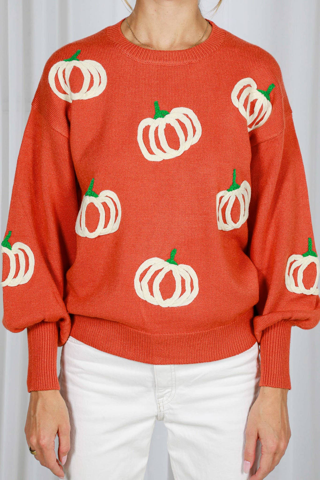 Crew Neck Pumpkin Embroidered Knitted Sweater Top