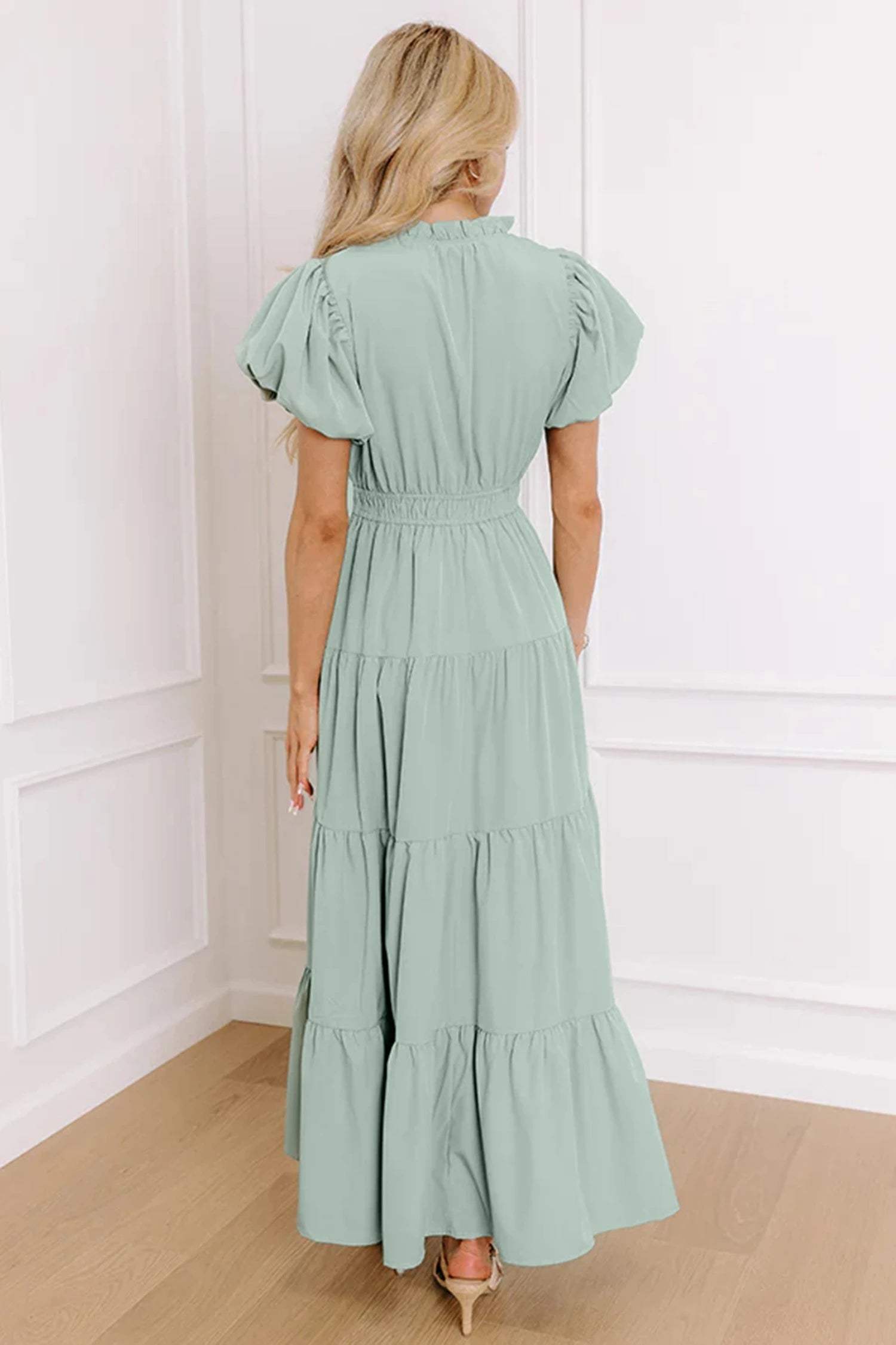 Vanessa - Seafoam V Neck Puff Sleeve Tiered Maxi Dress