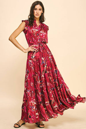 Deep Pink Satin Print Maxi Dress